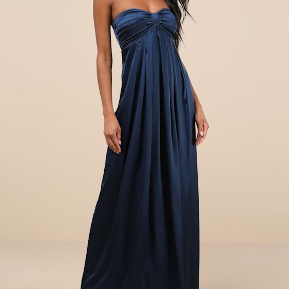 Lulus Memorable Entrance Dark Blue Strapless Satin Maxi Dress - Size L